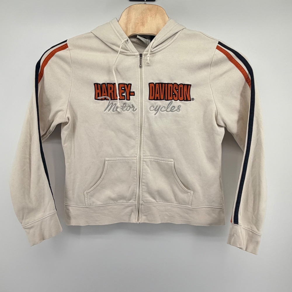 Harley-Davidson Zip Up Hoodie Womens XL Cream Embroidered Biker Fleece Racing